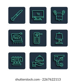 Set line Signboard with text Hotel, Covered tray, Security camera, Toilet paper roll, Digital door lock, Electric iron, Knife and Table lamp icon. Vector