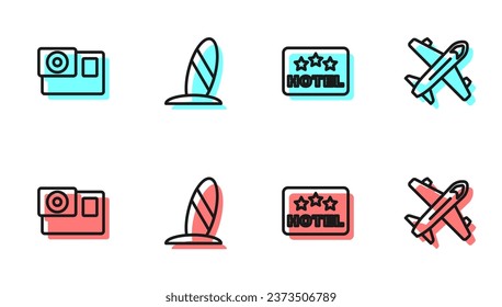 Set line Signboard with text Hotel, Action camera, Surfboard and Plane icon. Vector