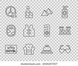 Set line Signboard with text Hotel, Heart shaped love glasses, Egypt pyramids, Armchair, Clock airplane, Life jacket, service bell and Sand castle icon. Vector