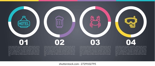 Fije el cartel de la línea con el hotel del texto, la taza de madera de la cerveza, el cangrejo y la máscara del buceo. Plantilla de infografía de negocios. Vector