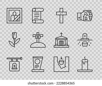 Set line Signboard tombstone, Burning candle, Christian cross, Grave with, Mourning photo frame, Coffin grave and coffin icon. Vector