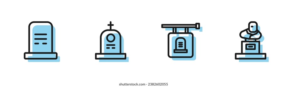 Set line Signboard tombstone, Grave with,  and  icon. Vector
