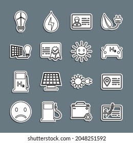 Set line Signed document, Address book, Hydrogen car, Identification badge, Certificate template, Solar energy panel and light bulb, Light with wind turbine and Cute sun smile icon. Vector