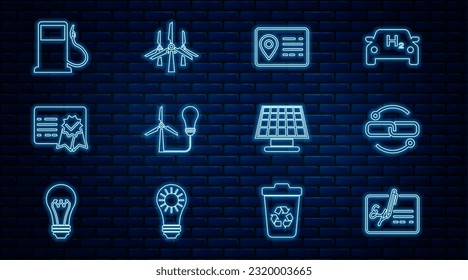 Set line Signed document, Chain link line, Address book, Light bulb with wind turbine, Certificate template, Petrol or Gas station, Solar energy panel and Wind turbines icon. Vector