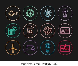 Set line Signed document, Identification badge, Light bulb with gear, Recycle bin recycle, Solar energy panel and sun, Sun electric plug,  and Rotating wind turbine icon. Vector