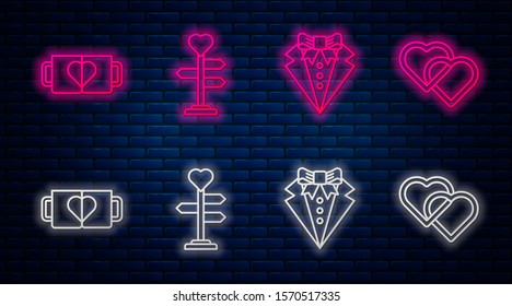 Set line Signpost with heart, Suit, Two coffee cup and heart and Two Linked Hearts. Glowing neon icon on brick wall. Vector