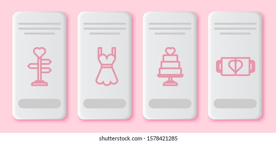 Set line Signpost with heart, Woman dress, Wedding cake with heart and Two coffee cup and heart. White rectangle button. Vector