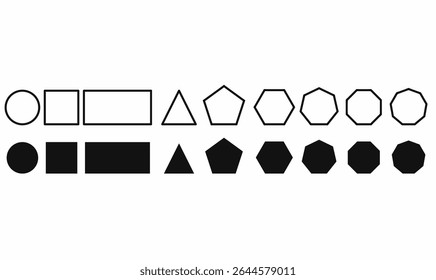 set of line and silhouette basic geometric or polygons shapes including circle, square, rectangle, triangle, pentagon, hexagon, heptagon, octagon, nonagon, and decagon in outline and solid styles.