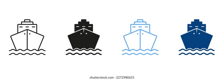 Set Of Line And Silhouette Color Icons Of Cruise Ships. Ocean Vessel Pictogram. Symbols Collection Of Cargo Ship, Cargo Marine Transport on White Background. Isolated Vector Illustration. svg