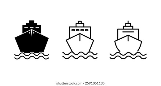 Set Of Line And Silhouette Color Icons Of Cruise Ships. Ocean Vessel Pictogram. Symbols Collection Of Cargo Ship, Cargo Marine Transport on White Background. Isolated Vector Illustration.