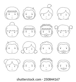 Set of line silhouette office people icons. Businessman. Businesswoman. Cartoon hand drawn faces sketch for your design. Collection of cute avatar. Trendy doodle style. Vector illustration.