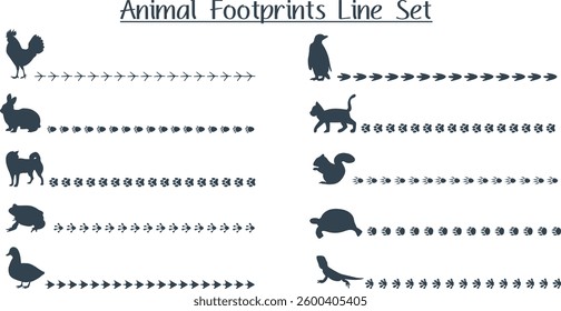 Set of line silhouettes of animals walking with footprints