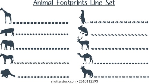 Set of line silhouettes of animals walking with footprints