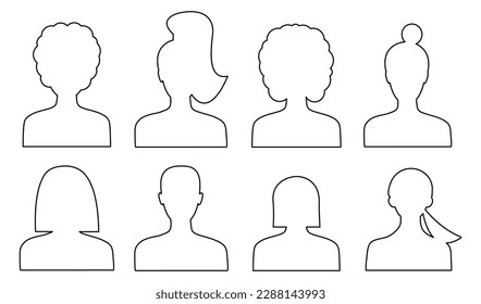 A set of line silhouettes, silhouettes of the heads of women and men, avatars of female and male heads with outlines. Line vector illustration of a faceless male and female head and shoulder avatar.