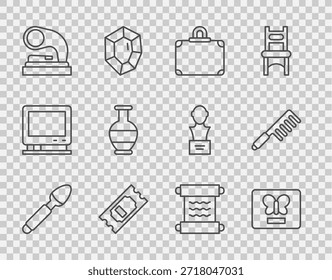 Set line Cuchara de plata, mariposa en un marco, maleta, boleto de cine, gramófono antiguo, ánforas antiguas, rollo de papiro e icono de cepillo de pelo. Vector