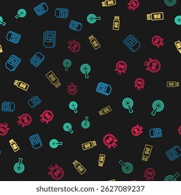 Set line Sim card, Antenna, 5G modem and Digital speed meter on seamless pattern. Vector