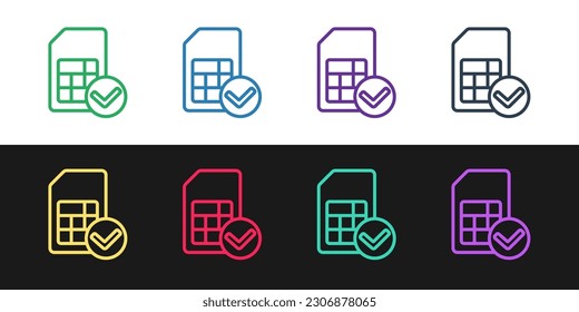 Set line Sim card icon isolated on black and white background. Mobile cellular phone sim card chip. Mobile telecommunications technology symbol.  Vector