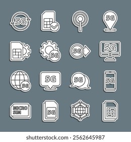 Set line Sim card, Mobile with 5G network, Monitor, Antenna, Setting, setting,  and  icon. Vector