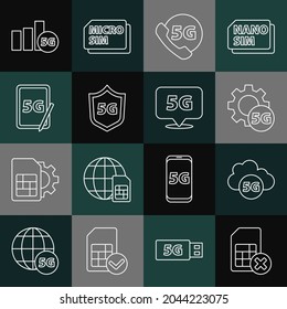 Set line Sim card rejected, Cloud 5G network, Setting, Phone with, Protective shield, Graphic tablet,  and Location icon. Vector
