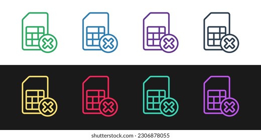 Set line Sim card rejected icon isolated on black and white background. Mobile cellular phone sim card chip. Mobile telecommunications technology symbol.  Vector