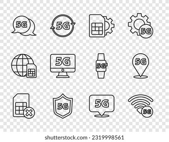 Set line Sim card rejected, 5G network, setting, Protective shield, Monitor with, Location and  icon. Vector