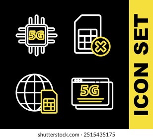 Set line Sim card rejected, 5G network,  and Processor icon. Vector