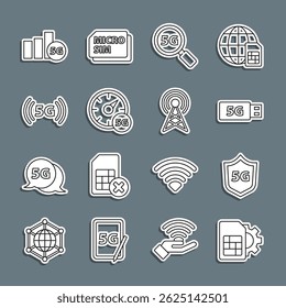 Set line Sim card setting, Protective shield 5G, modem, Search network, Digital speed meter,  and Antenna icon. Vector