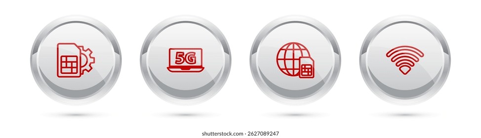 Defina a configuração da placa Sim de linha, Laptop com rede 5G, Placa Globo e Wi-Fi sem fio. Botão círculo prateado. Vetor