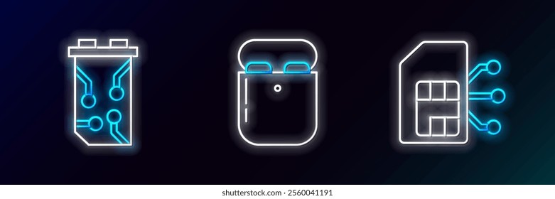 Set line Sim card, Video graphic and Air headphones in box icon. Glowing neon. Vector