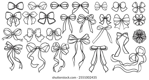 Set of line simple bow for design artwork, Bow outline for gift wrapping for birthday, Christmas, New Year. Isolated Flat Vector EPS10