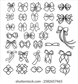 Set of line simple bow for design artwork, Bow outline for gift wrapping for birthday, Christmas, New Year. Isolated Flat Vector EPS10