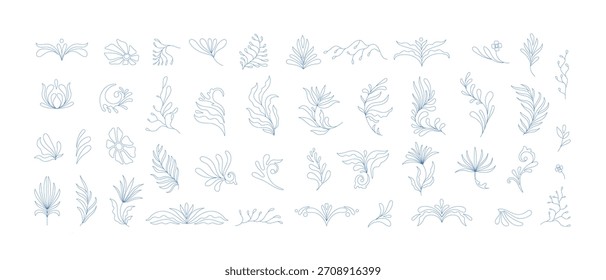 Set of line simple floral design elements in wavy style. Organic shapes, vibrant flowers print for poster, social media or packaging. Botanic vector illustration.