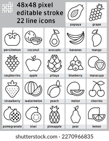 Juego de líneas simples íconos de fruta contiene maracuya, pitaya, algunas bayas y más. Trazo editable. Vector. 48 x 48 píxeles