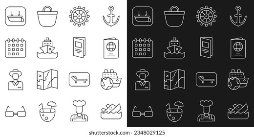 Set line Sinking cruise ship, Cruise, Passport, Ship steering wheel, Calendar, Lifeboat and Brochure icon. Vector