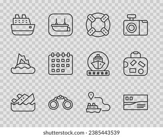 Set line Sinking cruise ship, Postcard travel, Lifebuoy, Binoculars, Cruise, Calendar, Ship line path and Suitcase icon. Vector