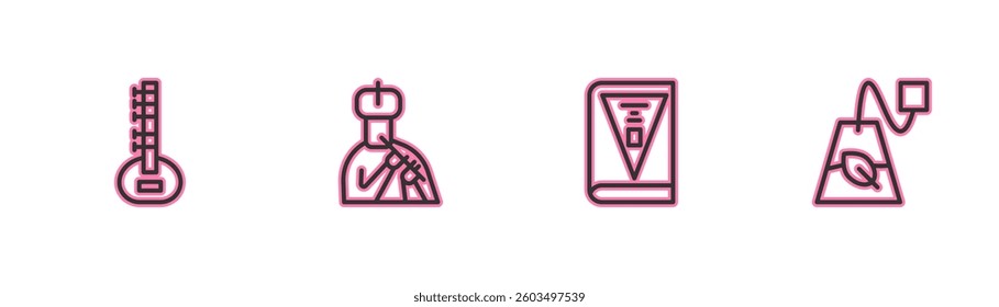 Set line Sitar, India constitution day, Indian man plays flute and Tea bag icon. Vector