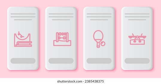 Set line Skate park, Abacus, Racket and ball and Seesaw. White rectangle button. Vector