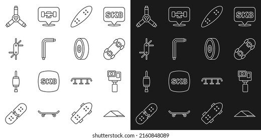 Set line Skate park, Action camera, Skateboard, Longboard or skateboard, Tool allen keys, Y-tool and ball bearing icon. Vector