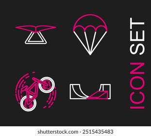 Set line Skate park, Bicycle trick, Parachute and Hang glider icon. Vector