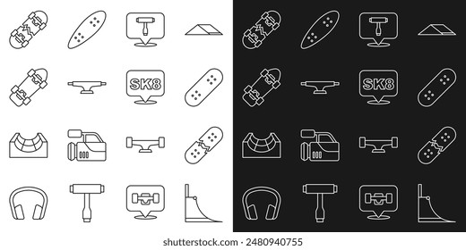 Set line Skate park, Broken skateboard deck, Skateboard, T tool, wheel,  and  icon. Vector