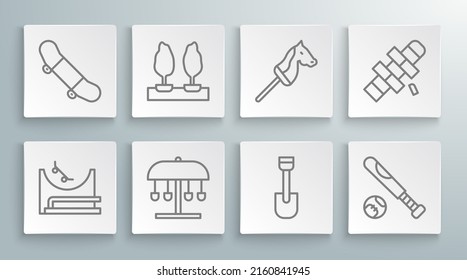 Set Line Skate Park, Forest, Attraction Carousel, Shovel Toy, Baseball Bat With Ball, Toy Horse, Hopscotch And Skateboard Trick Icon. Vector