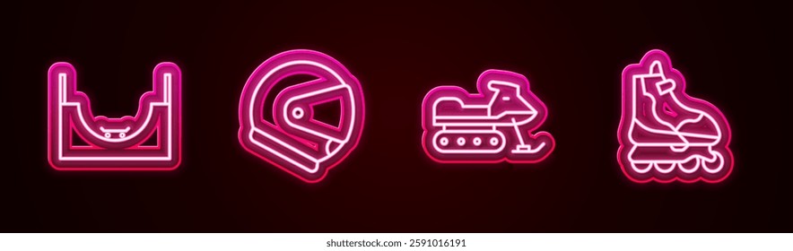 Set line Skate park, Helmet, Snowmobile and Roller skate. Glowing neon icon. Vector