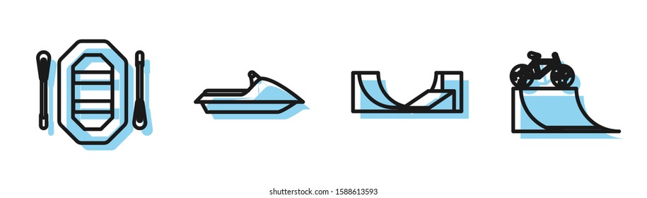 Set line Skate park, Rafting boat, Jet ski and Bicycle on street ramp icon. Vector