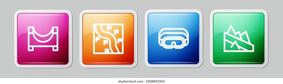 Set line Skate park, Route location, Ski goggles and Mountain descent. Colorful square button. Vector