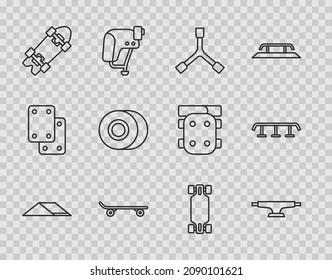 Skateboardparkplatz, Skateboardrad, Y-Tool, Langboard oder Skateboard, Treppen mit Schienensymbol. Vektorgrafik