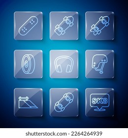 Set line Skate park, Skateboard, Longboard or skateboard, Headphones, ball bearing,  and helmet icon. Vector