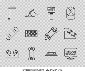 Set line Skate park, Skateboard, Action camera, Longboard or skateboard, Tool allen keys, wheel, stairs with rail and  icon. Vector