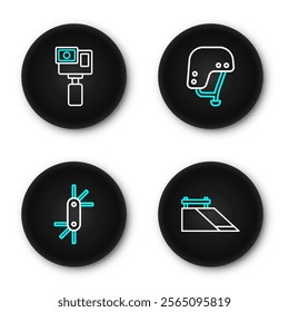 Set line Skate park, Tool allen keys, Skateboard helmet and Action camera icon. Vector