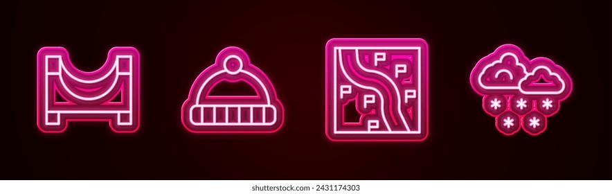 Set line Skate park, Winter hat, Route location and Cloud with snow. Glowing neon icon. Vector