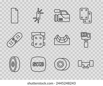 Set line Skateboard ball bearing, wheel, Cinema camera, Grip tape on skateboard, Knee pads,  and Action icon. Vector